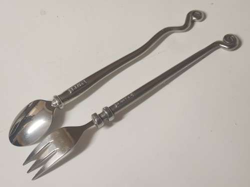 VINTAGE CARROL BOYES FUNCTIONAL ART EARLY DESIGN PEWTER AND STAINLESS STEEL FORK AND SPOON