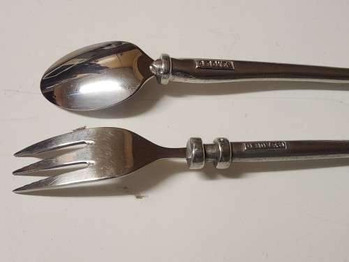 VINTAGE CARROL BOYES FUNCTIONAL ART EARLY DESIGN PEWTER AND STAINLESS STEEL FORK AND SPOON