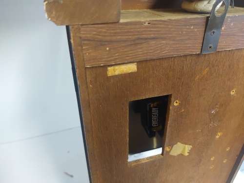 VINTAGE RHYTHM BATTERY STRIKE WALL CLOCK IN A WOODEN CASING WITH A PENDULUM, NOT TESTED