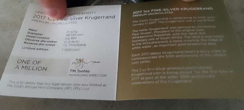 WOW # 2017  Premium 1oz Silver Kruger Rand  - Bid Per Coin