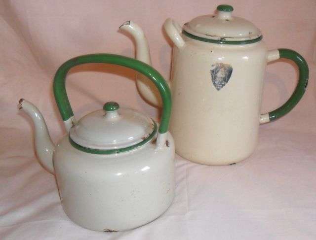 ENAMEL TEA AND COFFEE POTS