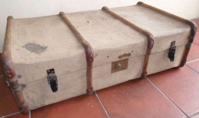 OLD CREAM TRUNK TRIMMED WITH WOODEN BANDS