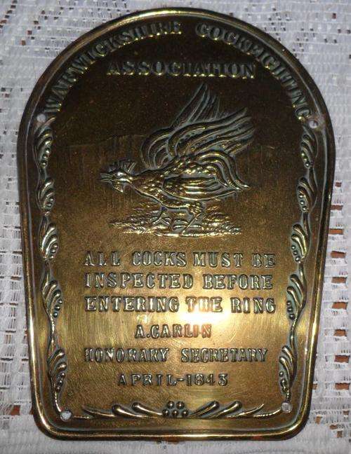 WARWICKSHIRE COCKFIGHTING ASSOCIATION BRASS PLAQUE 12CM X 8.5CM