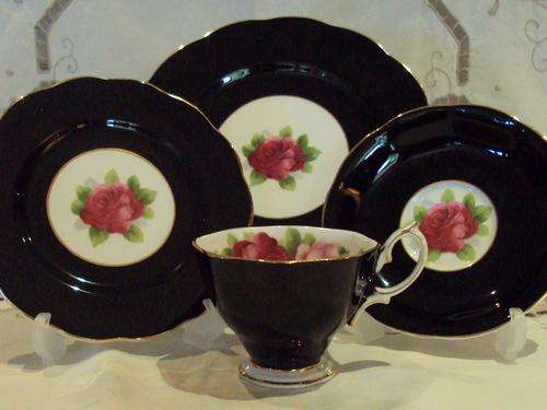 ROYAL ALBERT BLACK "OLD ENGLISH ROSE" TEA QUARTET.