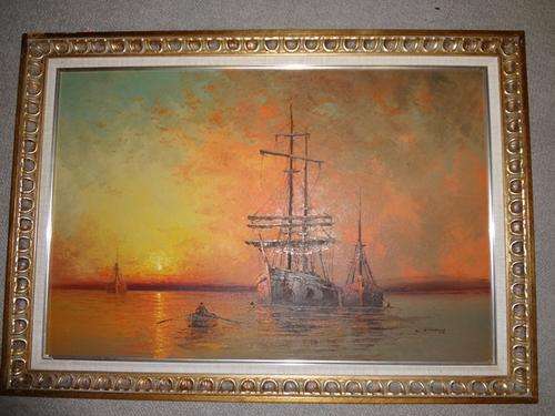 painting - Framed oil by W Vennekamp - sailing ship in sunset - 102 cm * 73cm - beautiful
