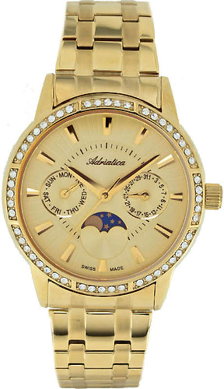 ADRIATICA, *Swiss Made* 18ct Gold pl Multi Function, Moon Fase Ladies Watch A3601.1111QFZ