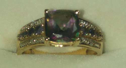 Vintage 9ct Gold Ring With Mystic Topaz, Small Diamonds & Amethysts