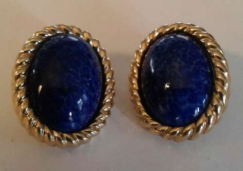 Vintage Gold Tone Designer Christian Dior Faux Lapis Lazuli Murano Glass Stone Clip On Earrings