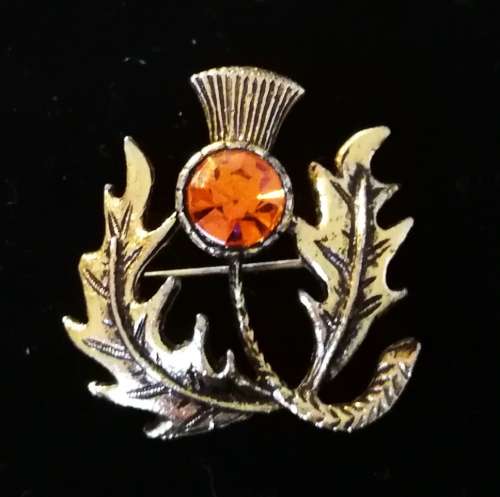 Vintage Gold Tone Thistle Brooch with Orange Glass Stone