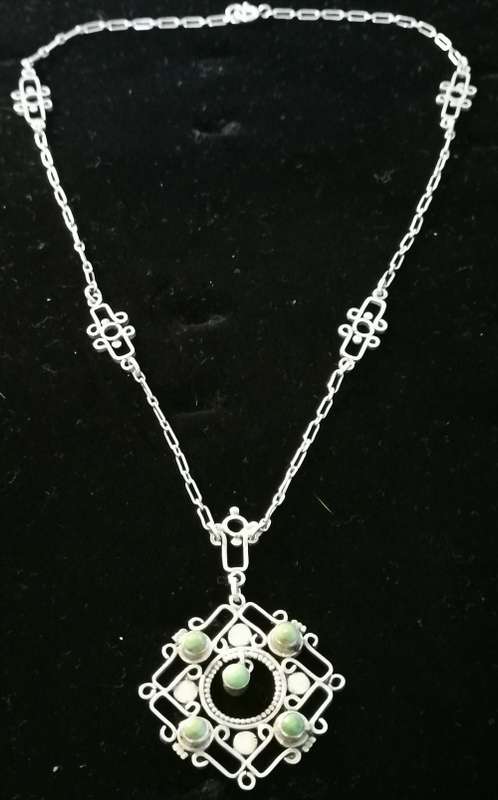 Rare Antique Sterling Silver WHH .925 Signed Arts & Craft Choker Necklace with Jade Pendant