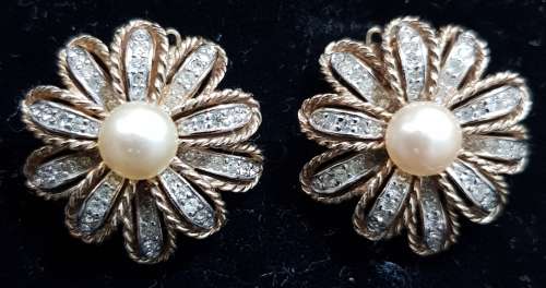 Vintage Large Panetta Signed Clip On Earrings with Cubic Zirconias & Faux Pearls