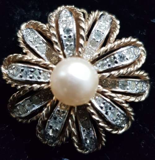 Vintage Large Panetta Signed Clip On Earrings with Cubic Zirconias & Faux Pearls