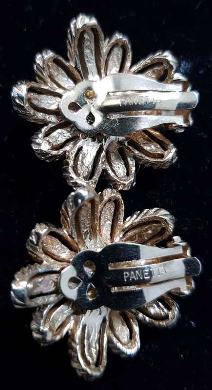 Vintage Large Panetta Signed Clip On Earrings with Cubic Zirconias & Faux Pearls