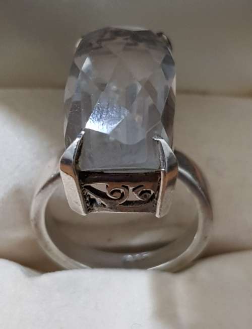 Sterling Silver Ring with Large Faceted Quartz Stone