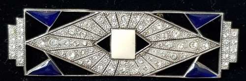 Vintage Silver Art Deco Brooch with Enamel and Rhinestones