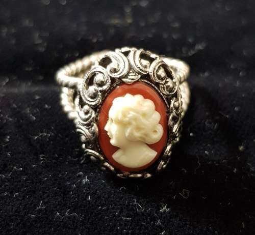 Cute Silver Tone Open Ring with Faux Cameo