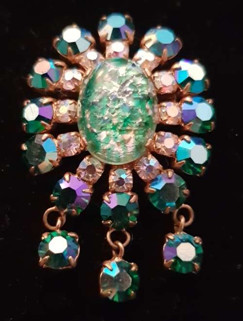 Stunning Vintage Rose Gold Tone Brooch with Aurora Borealis Stones
