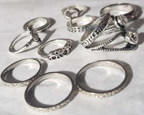 Boho Silver Tone Rings Set of 10