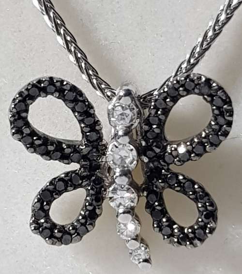 9ct White Gold Chain with Dragonfly Pendant Encrusted with Black and Clear Diamonds