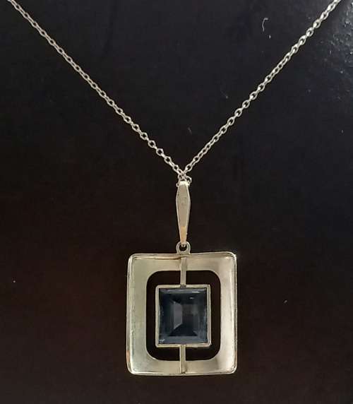 Vintage K and L 835 Silver Chain and Pendant with Large Blue Crystal Stone