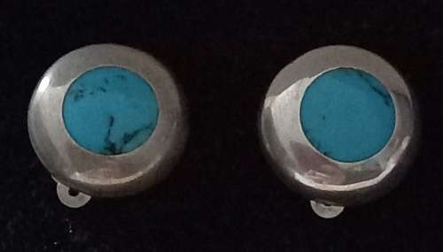 Vintage Sterling Silver Large Clip On Earrings with Turquoise Inset