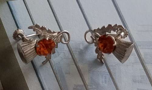 Vintage Sterling Silver Thistle Screw on Earrings with Orange Glass Stones