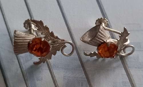 Vintage Sterling Silver Thistle Screw on Earrings with Orange Glass Stones