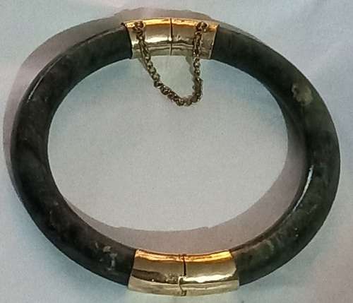 Vintage Spinach Green Jadeite Jade Hinged Gold Plated Bangle