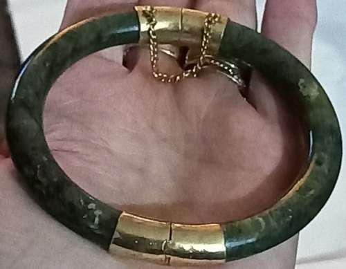 Vintage Spinach Green Jadeite Jade Hinged Gold Plated Bangle