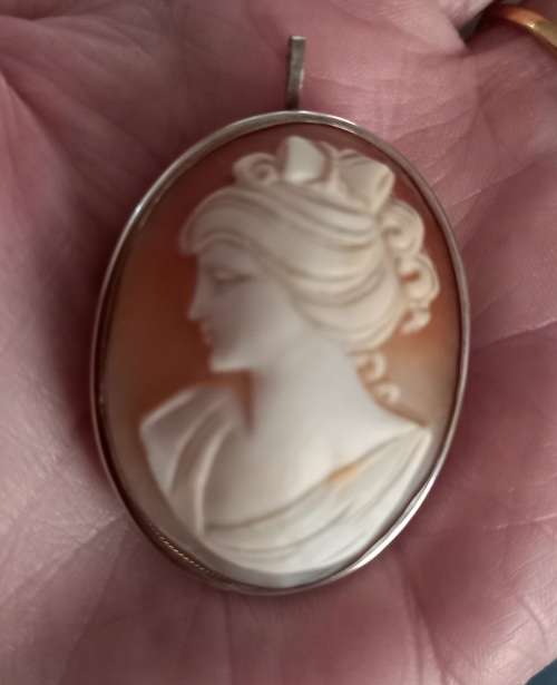 Vintage Silver 800 Shell Cameo Brooch and Pendant