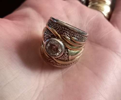 Stunning Bulky Combination 9ct Gold and Sterling Silver Ring with Cubic Zirconia.