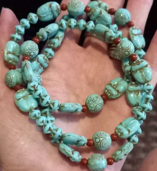 Vintage Egyptian Revival Scarab Turquoise Clay Beads Necklace