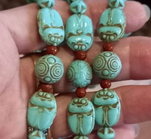Vintage Egyptian Revival Scarab Turquoise Clay Beads Necklace