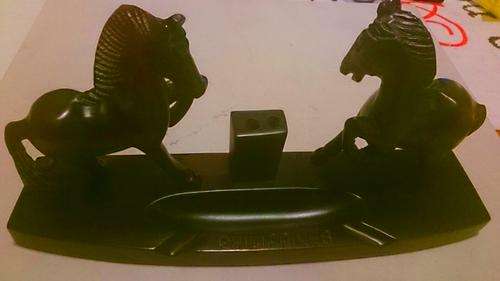 Vintage Carved Wooden Pen or Pencil Desk Holder of Two Horses made in Philippines