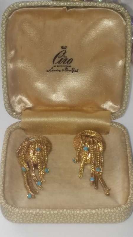 Vintage Ciro Antique Gold Finish Dangling Clip On Earrings with Aqua Crystals