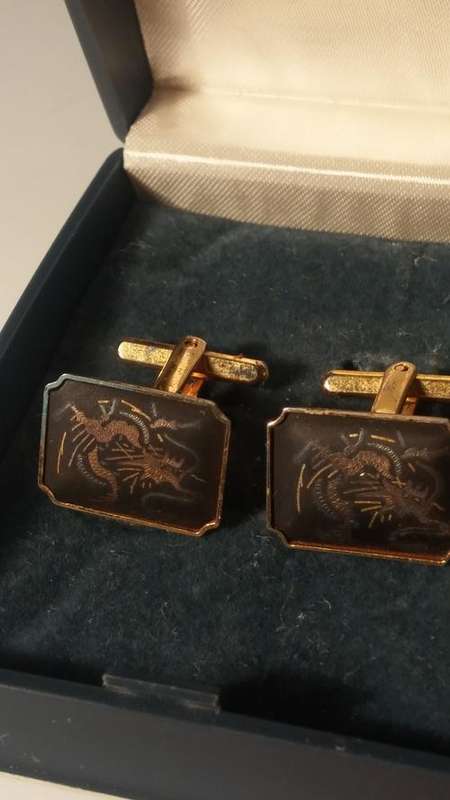 Vintage Gold Plated Amita Japan Damascene Dragon Cufflinks