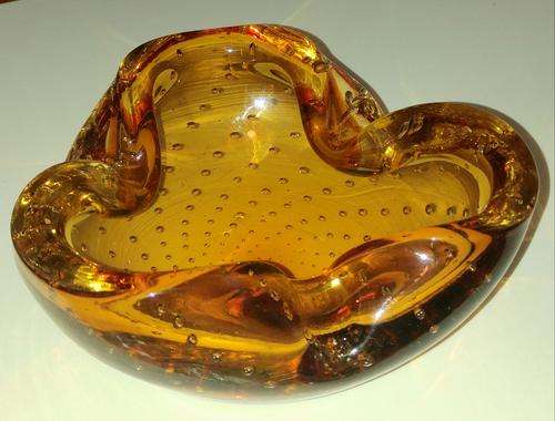 Amber Controlled Bubbles Glass Ashtray