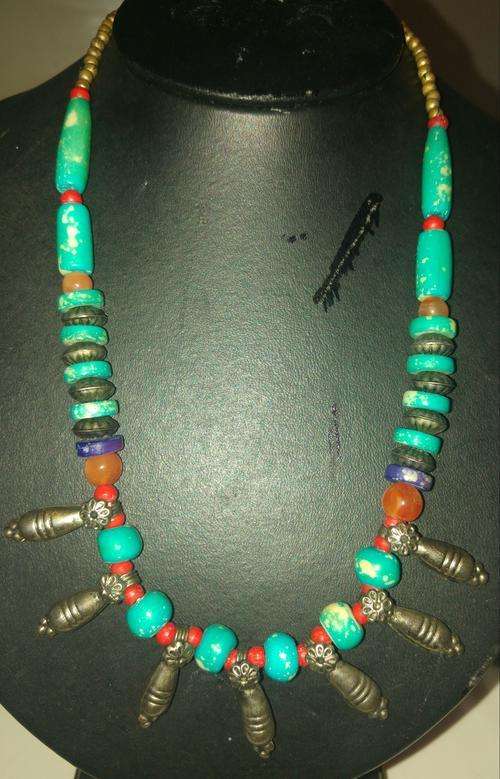 Vintage Turquoise, Coral and other Beads Necklace with Indian Silver Links