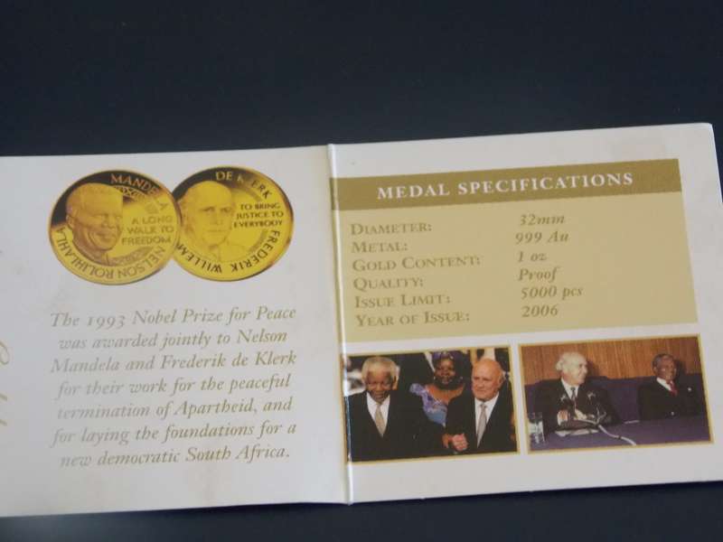 1 0z Gold Mint of Norway Mandela/De Klerk Peace Laureate 24 Carat Gold Proof coin with certificates
