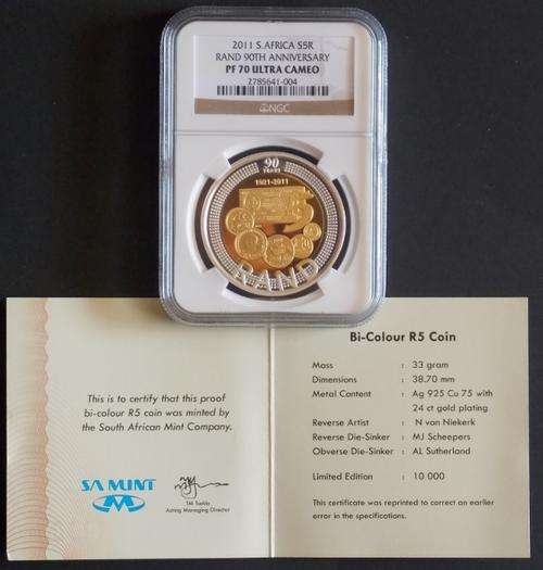 2011 SARB 90th Anniversary Silver R5 Bi-Colour Crown NGC PF70 ** Perfect PROOF** WITH ORIGINAL COA