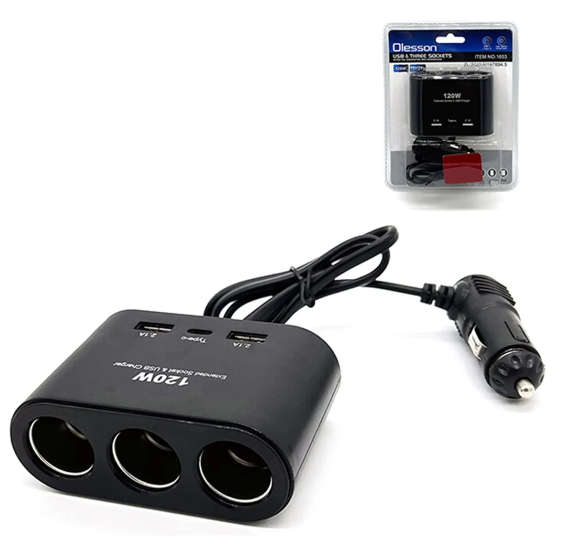 120W Dual USB + 1 Type-C Port Car Charger 3 Cigarette Lighter Sockets Charging Adapter