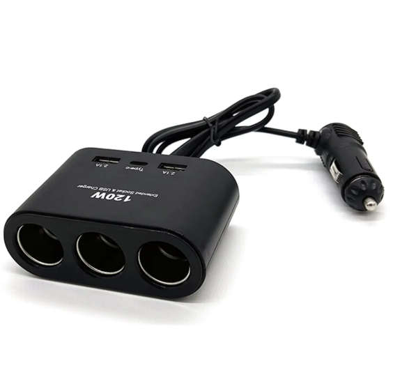 120W Dual USB + 1 Type-C Port Car Charger 3 Cigarette Lighter Sockets Charging Adapter