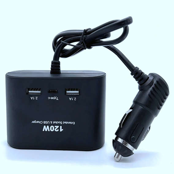 120W Dual USB + 1 Type-C Port Car Charger 3 Cigarette Lighter Sockets Charging Adapter