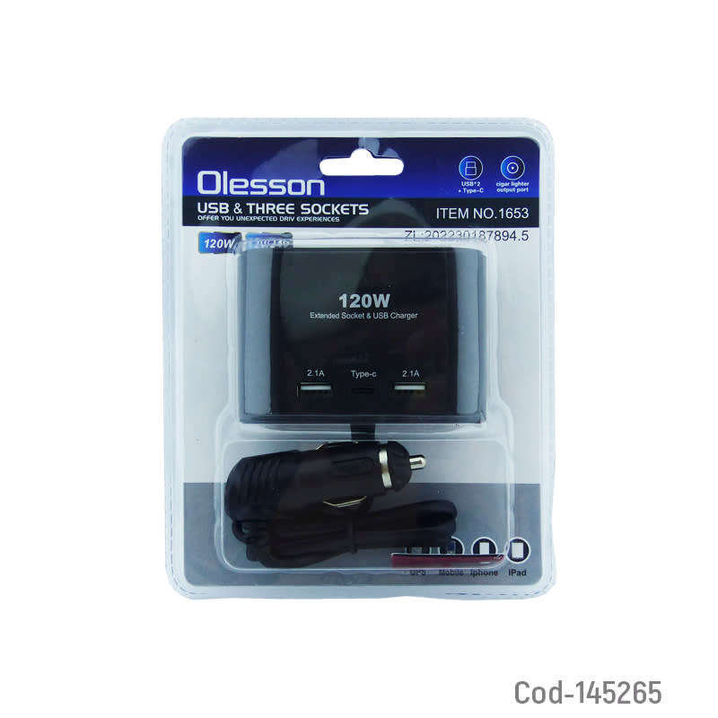 120W Dual USB + 1 Type-C Port Car Charger 3 Cigarette Lighter Sockets Charging Adapter