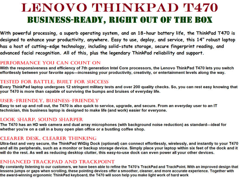 LENOVO THINKPAD T470 , CORE I5-7200U @2.50GHz,8GB RAM,256GB SSD , INTEL HD GRAPHICS 620