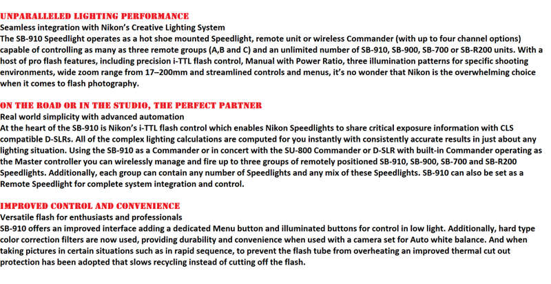 Nikon SB-910 Speedlight Flash for Nikon Digital SLR Cameras