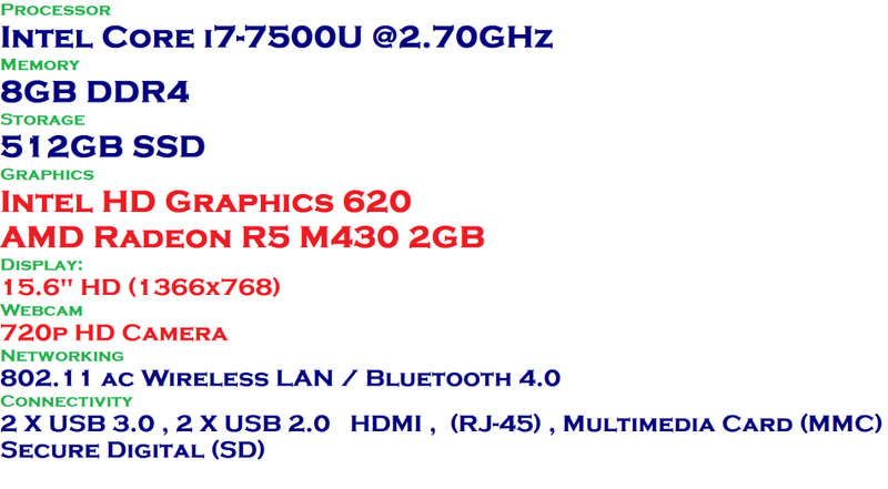 LENOVO V510, INTEL CORE I7-7500U @2.70GHz,8GB RAM,512GB SSD, 2GB AMD RADEON GRAPHICS