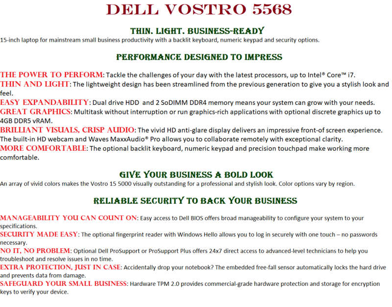 DELL VOSTRO 5568 , CORE I5-7200U @2.50GHz,8GB RAM ,1TB HDD , VERY GOOD CONDITION