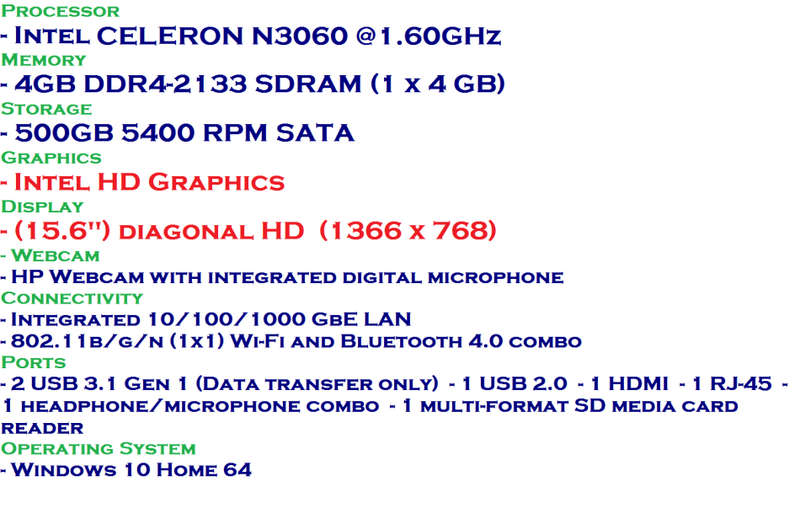 HP LAPTOP 15 , DUAL CORE CELERON , 4GB RAM ,500GB HDD , EXCELLENT CONDITION