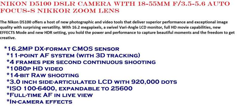 Nikon D5100 DSLR with 18-55mm f/3.5-5.6G DX VR Lens, LOWEPRO BAG , EXCELLENT CONDITION